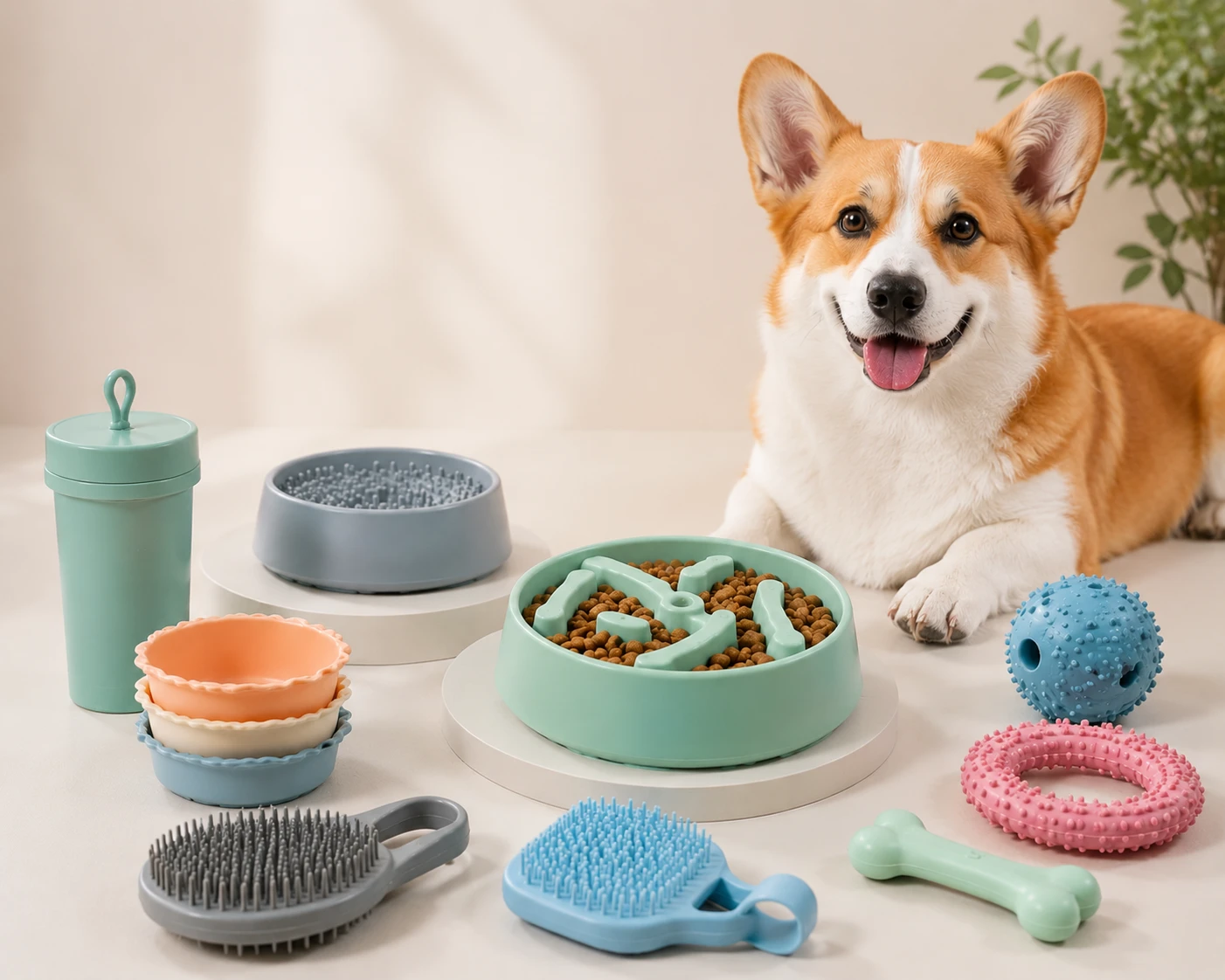 Pet-safe silicone supplies wholesale — grooming brushes, interactive toys, and feeding accessories